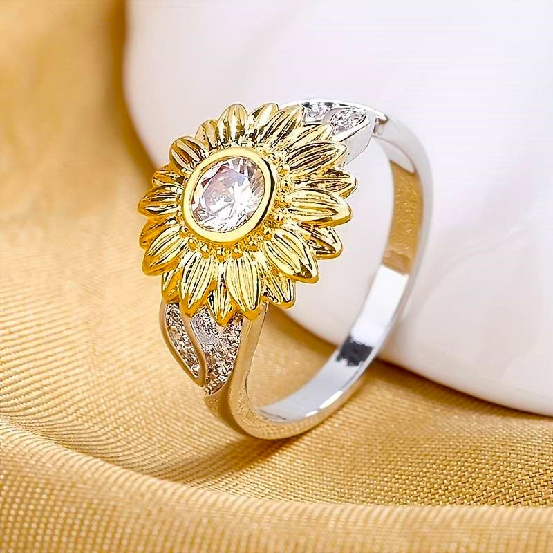 Anillo girasol dorado - circonitas